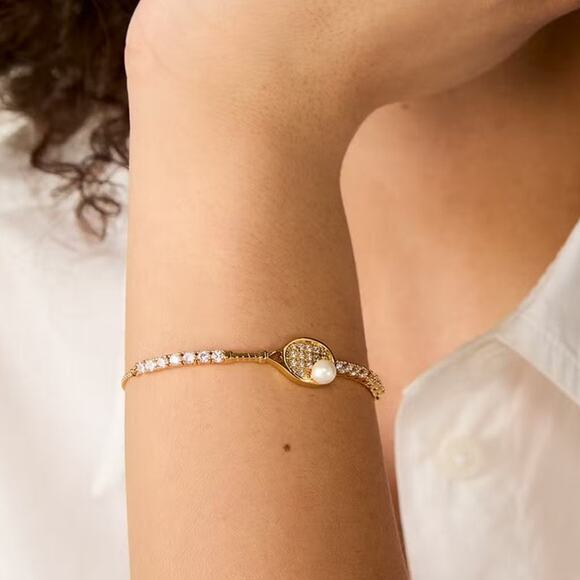 Kate Spade Queen Of The Court Tennis Slider Bracelet Racket Line Gold Pearl Pave - Picture 3 of 9